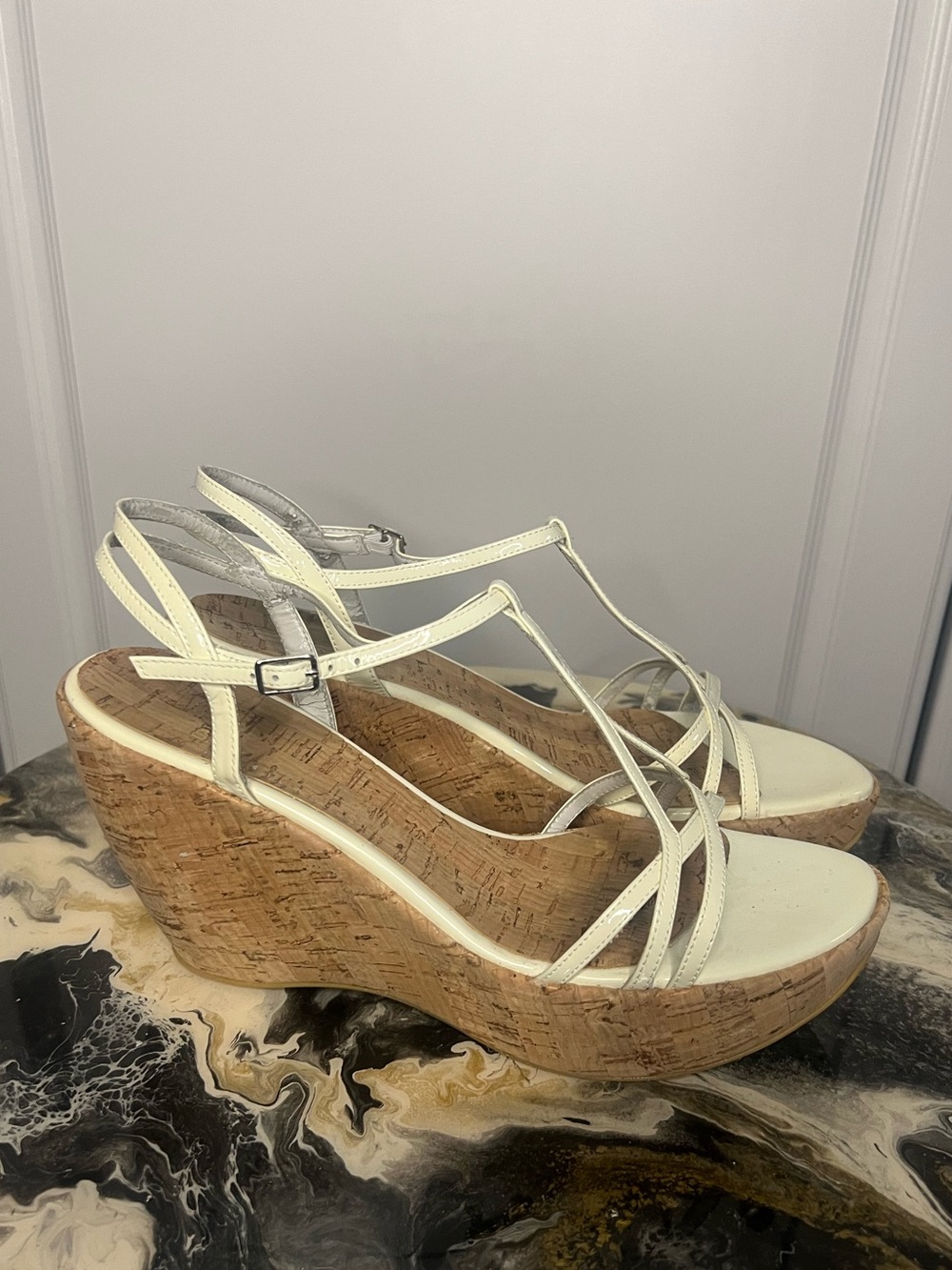 Vintage Y2K Stuart Weitzman White Cork Wedge Sandals - Picture 1 of 14